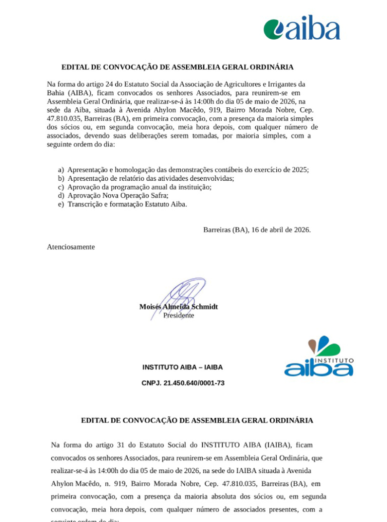 Prévia do edital de convocação da Assembleia Geral Ordinária